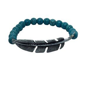 Faux Turquois Beads With Silver Tone Feather Stretch Bracelet (5493)